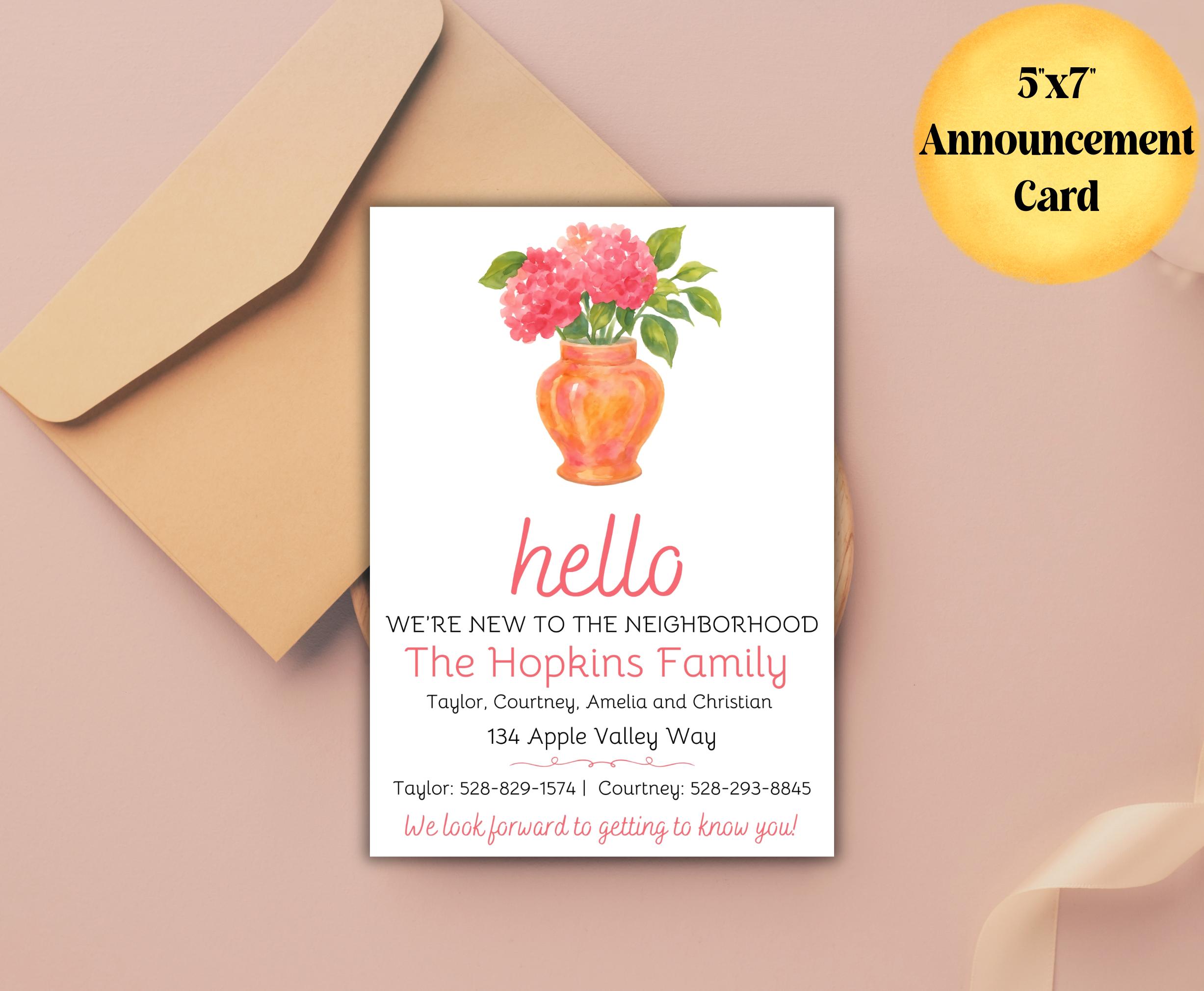 Nefer Introduction Card Pink Hydrangea New Neighbor Introduction Card, Printable Hello From ...