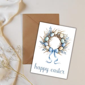 Carte de voeux imprimable Joyeuses Pâques, couronne d'oeufs de Pâques, grand-millénaire, téléchargement immédiat, 5 x 7, Pâques aquarelle, carte de correspondance pliée, printemps
