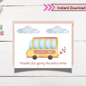 Carte de remerciement imprimable chauffeur d'autobus scolaire, téléchargement immédiat, fin d'année, carte vierge 5,5 x 4,25, carte de voeux, appréciation, enseignant