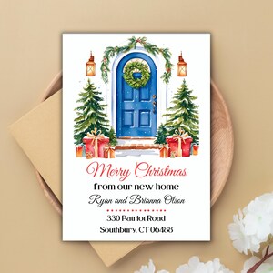 Kaartsjabloon kerstaankondiging adreswijziging, vakantie voordeur, vrolijk kerstfeest van nieuw huis, verhuizen, afdrukbaar, bewerkbaar