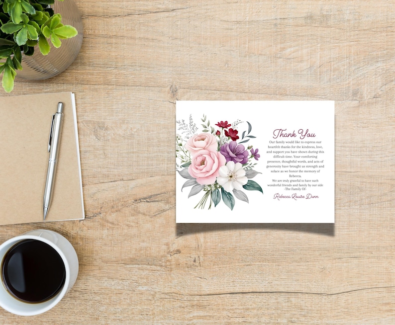 Funeral Thank You Card Template, Floral Printable Thank You Note