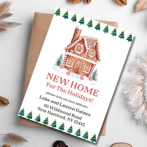 Gingerbread House New Home For The Holidays-kaart, adreswijziging afdrukbare aankondiging, digitaal, we zijn verhuisd, housewarming, bewerkbaar