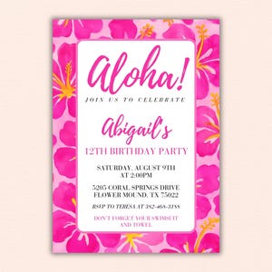 Hibiscus Flower Birthday Party Invitation, Preppy Neon Pink Tropical
