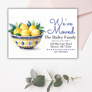Bewerkbare kaart Lemon We've Moved, adreswijziging, afdrukbaar, digitaal, nieuw huis thuis, verhuizen, mediterraan, housewarming