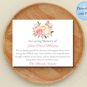 Modèle de carte de remerciement pour les funérailles florales à la mémoire de l'homme, mot de remerciement personnalisé, imprimable, personnalisable, remerciement pour les condoléances