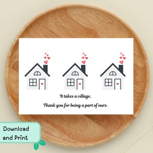 Tarjeta "It Takes A Village", Tarjeta de agradecimiento, Tarjeta imprimible, Descarga instantánea, Niñera, Abuelo, Vecino, Adopción