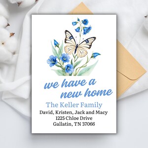 Modèle de faire-part imprimable printemps nous avons une nouvelle maison, nous avons déménagé, carte floral papillon, changement d'adresse, nouvelle maison, pendaison de crémaillère