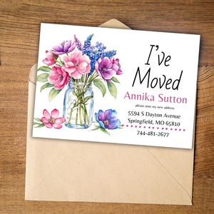 Bewegende aankondiging Mason Jar, I Have Moved-kaart, briefpapier adreswijziging bloemen, bericht zojuist verplaatst, nieuw huis, afdrukbaar, aanpassen