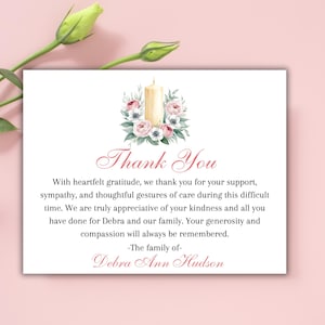 Carte de remerciement personnalisée pour les funérailles, bougie florale, en mémoire de, célébration d'une vie, remerciement de sympathie, papeterie, gratitude, impression