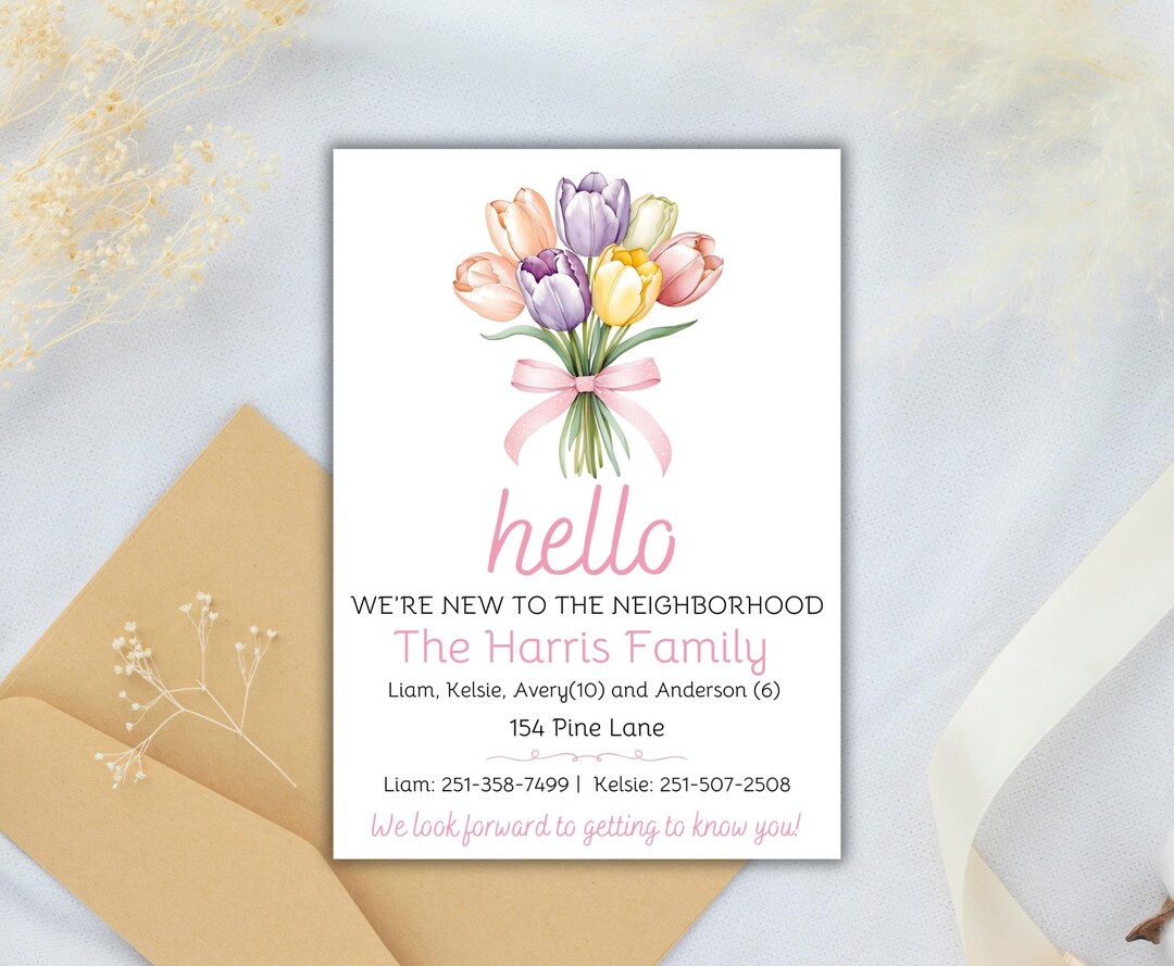 Place Introduction Card Spring Tulip New Neighbor Introduction Card, Printable Hello We're New ...
