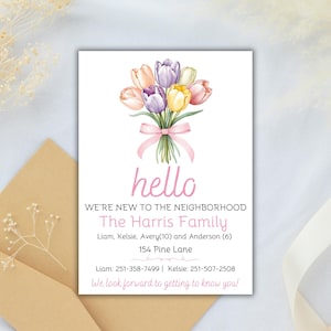 Lentetulp introductiekaart nieuwe buur, afdrukbaar Hallo We zijn nieuw in de buurt aankondigingssjabloon, nieuw huis thuis, bewerkbaar