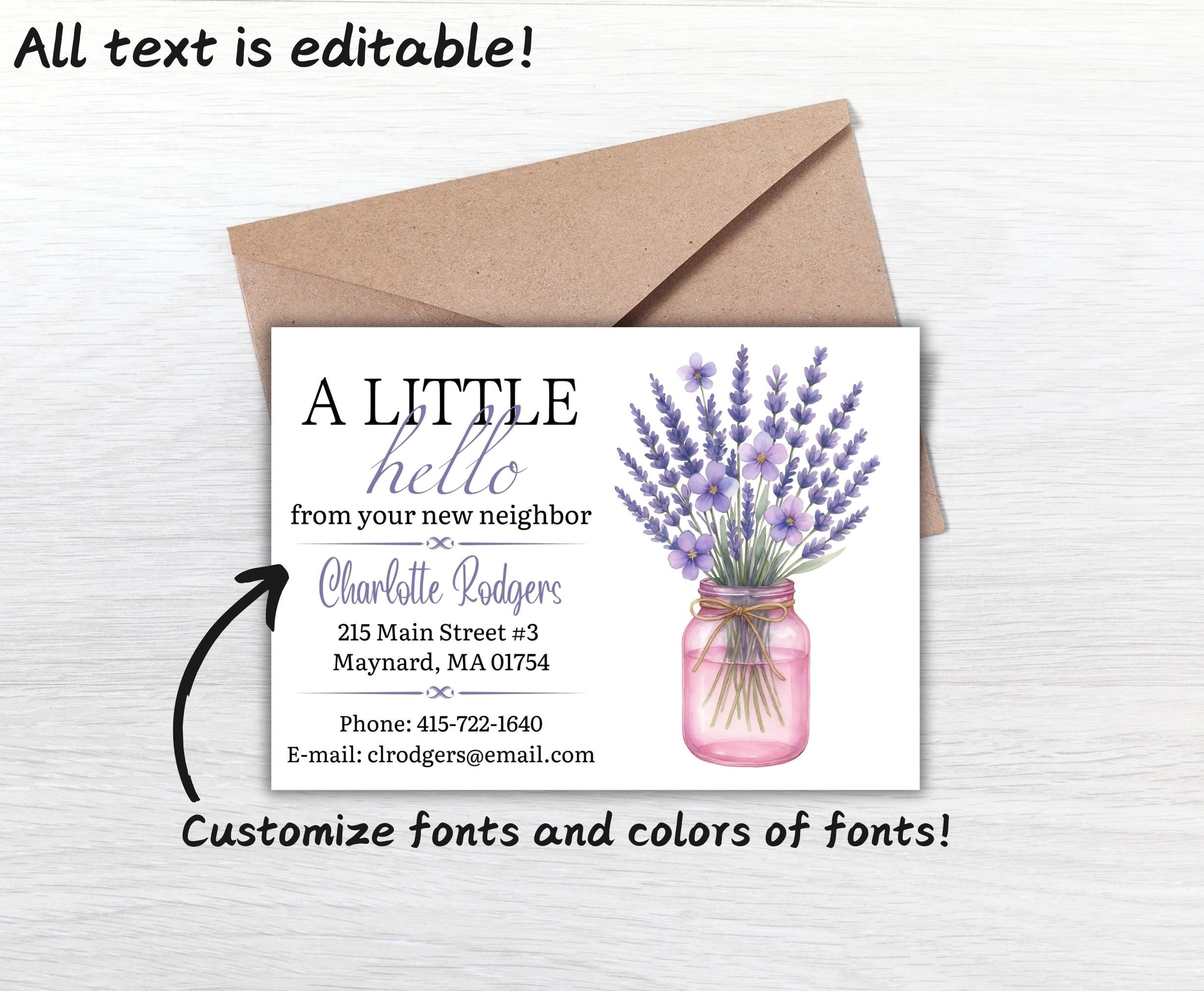Place Introduction Card Lavender Floral New Neighbor Introduction Card, Printable Hello From ...