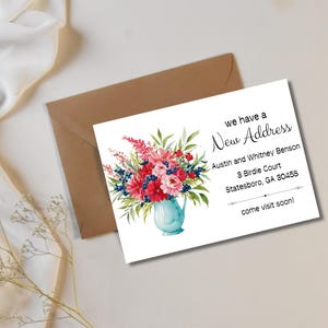 Cartões de anúncio de mudança de endereço novo, cartão de mudança de endereço personalizado com flores, digital, casa, lar, para impressão, mudamos, flor