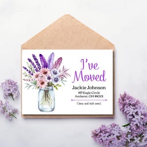 Modelo de cartão floral "Eu me mudei" para impressão, Boho, anúncio de novo endereço, personalizado, mudança, casa nova, inauguração de casa, mudança de endereço