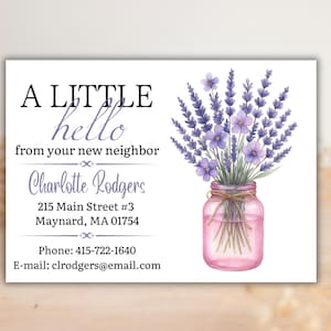 May include: A white card featuring the text "A LITTLE hello from your new neighbour" and contact details. A watercolour illustration of lavender in a pink jar is on the right.
