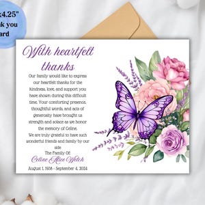 Modèle de note de remerciement pour les funérailles de papillon de remerciements sincères, carte de remerciement de sympathie, floral, commémoratif, deuil