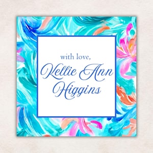 Etiqueta de regalo imprimible con diseño floral de acuarela de Palm Beach, tarjeta de visita personalizable, tarjetas adjuntas con monograma de hibisco costero, etiqueta cuadrada