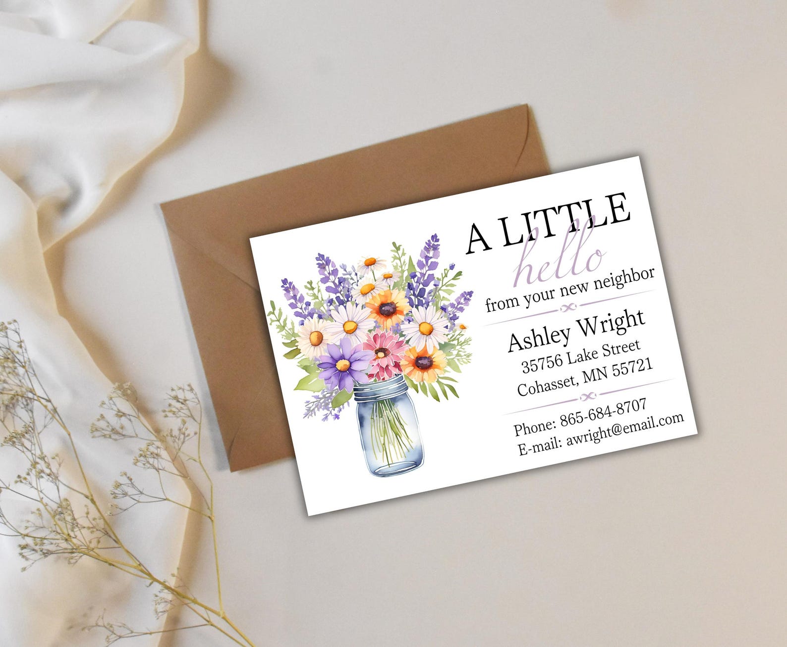 Nefer Introduction Card Wildflower New Neighbor Introduction Card, Printable Hello From Your ...