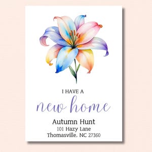 Carte imprimable J'ai déménagé, Faire-part de déménagement floral, Carte postale de changement d'adresse, Nouvelle maison, Nouvelle maison, Téléchargement, Nous avons déménagé, Lilly, Modifier
