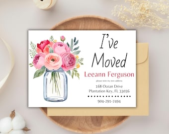 Słoik Masona z bukietem kwiatów. Szablon do druku z informacją o przeprowadzce, zmiana adresu, pobranie cyfrowe, kwiaty, nowy dom