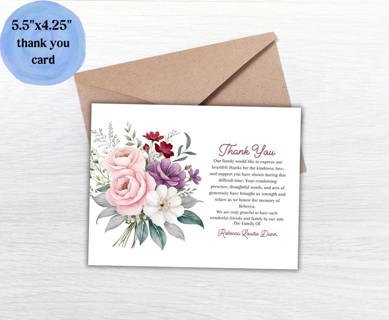 Funeral Thank You Card Template, Floral Printable Thank You Note