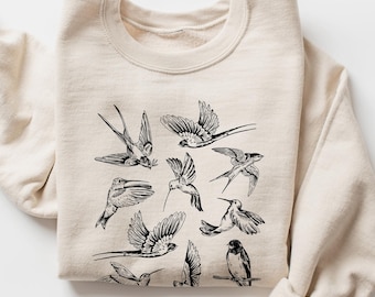 Bird Sweatshirt, Vintage Birds Crewneck, Botanical Bird Lover Gift, Nature Illustration Sweater, Ornithology Shirt, Minimalist Line Art Tee