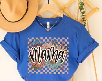 Retro Floral Mama Shirt: Checkered Graphic Tee