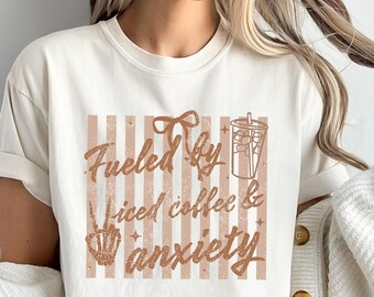 Comfort Colors® Anxiety Shirt, Fueled By Iced Coffee And Anxiety Tee, Skeleton Hand Coffee Shirt, Funny Mental Health Tee, Coffee Lover Gift