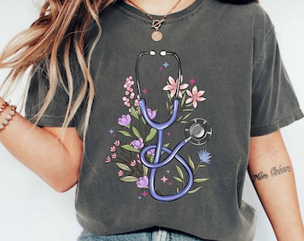 Comfort Colors Floral Stethoscope Nurse Shirt - Nursing Gift