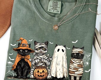 Comfort Colors Black Cat Pumpkin Shirt: Retro Gothic Halloween Tee