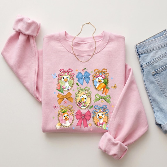 Cute Easter Duck Sweatshirt, Pastel Spring Graphic Tee, Vintage Bow Duckling Shirt, Kawaii Easter Shirt for Women, Trendy Spring Sweater