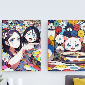Woman yelling at a cat in Takashi Murakami flowers, printable art