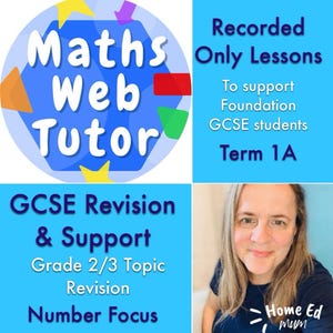 May include: A blue graphic with the text "Maths Web Tutor" and "GCSE Revision & Support". Additional text includes "Recorded Only Lessons" and "Term 1A". A woman with long hair is in the bottom right corner. The image promotes educational resources.