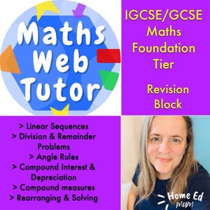 Peut inclure: Image promotionnelle pour un service de tutorat en mathématiques. Le texte "Maths Web Tutor" est présenté dans un design bleu et blanc. Le texte supplémentaire comprend "IGCSE/GCSE Maths Foundation Tier Revision Block" et une liste de sujets.
