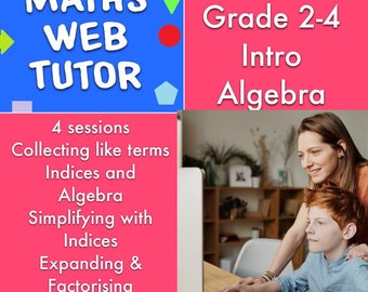 Peut inclure: Image promotionnelle pour un service de tutorat en mathématiques. Le texte "MATHS WEB TUTOR" et "GCSE Grade 2-4 Intro Algebra" sont visibles. Des sujets comme "Collecting like terms" et "Indices and Algebra" sont listés. Une femme et un garçon utilisent un ordinateur.