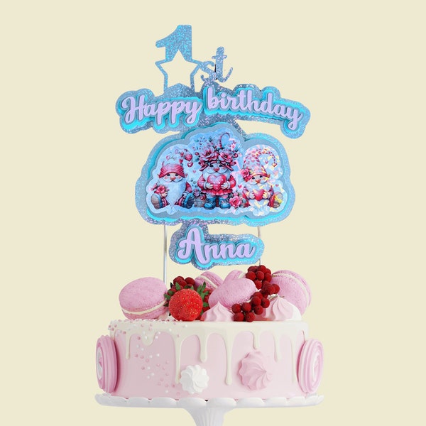 Décoration de gâteau holographique cake topper  grande taille à personnaliser thème gnomes