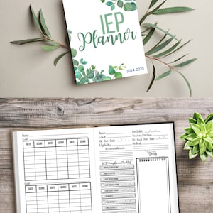 May include: A black and white planner with a floral design on the cover. The cover says "IEP Planner" and "2024-2025". The planner has a checklist for IEP compliance and a section for notes. The back of the planner has a table for tracking goals.
