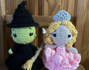 Crocheted Wicked Elphaba and Glinda plushies