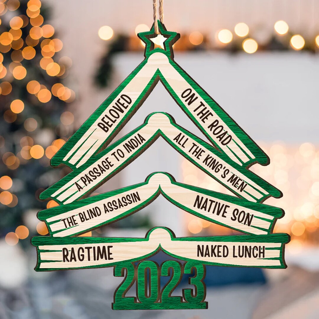 Book Names Christmas Tree 2023 Personalized Wooden Ornament Etsy