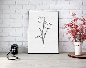 Tulipanes, Arte Con Líneas Florales, Flores De Primavera, Arte Lineal Floral, Estampados Florales, Decoración De Pared De Sala De Estar, Decoración De Pared De Flores, Arte Con Líneas