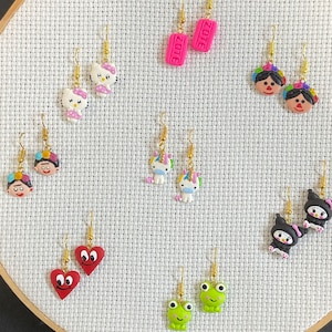 clay mexican earrings aretes mexicanos, aretes de pasta-verano sin ti-bad bunny heart-kuromi-unicorn-frida-mexico-
