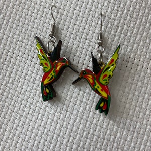 Aretes de madera- colibri- colorful hook earrings- mexican handmade- aretes mexicanos- wooden - artesanal-cultural earrings-hummingbird