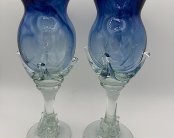 Robert Deeble Signed Art Glass Goblets • Cobalt Bowl & Clear Sculptural Stem • Set of 2