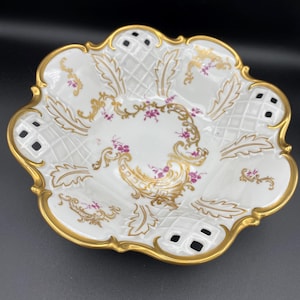 Vintage Reichenbach German Bowl; Footed Serving Dish with Gold Gilded Decor; Lattice Gold, White, and Pink Porcelain Bowl; Wedding Gift