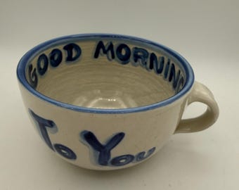 M.A. Hadley Hand-Painted "Good Morning To You, The End" Ceramic Mug - Blue & White Pottery Coffee Cup