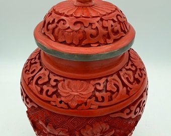 Vintage Chinese Cinnabar Red Ginger Jar with Lid, Carved Floral Resin Canister, Asian Decor Urn, Brass Rim Accent, 8.75 Inch Covered Jar