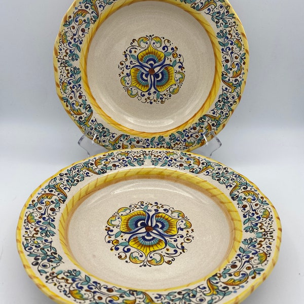 Deruta Italian Salad Plates Majolica Dip. a Mano Hand-Painted Ceramic Pottery Made in Italy Set of Two Dishes 8.75"