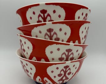 Anthropologie Red and White Ikat Pattern Ceramic Bowls – Set of 4