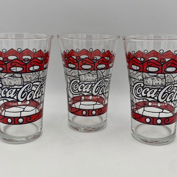 Vintage Coca Cola Glasses Tumblers Stained Glass Set of 3 Bell Shaped Glass