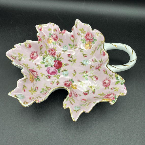 Royal Danube Floral Rose Chintz Leaf Shaped Dish With Gold Trim